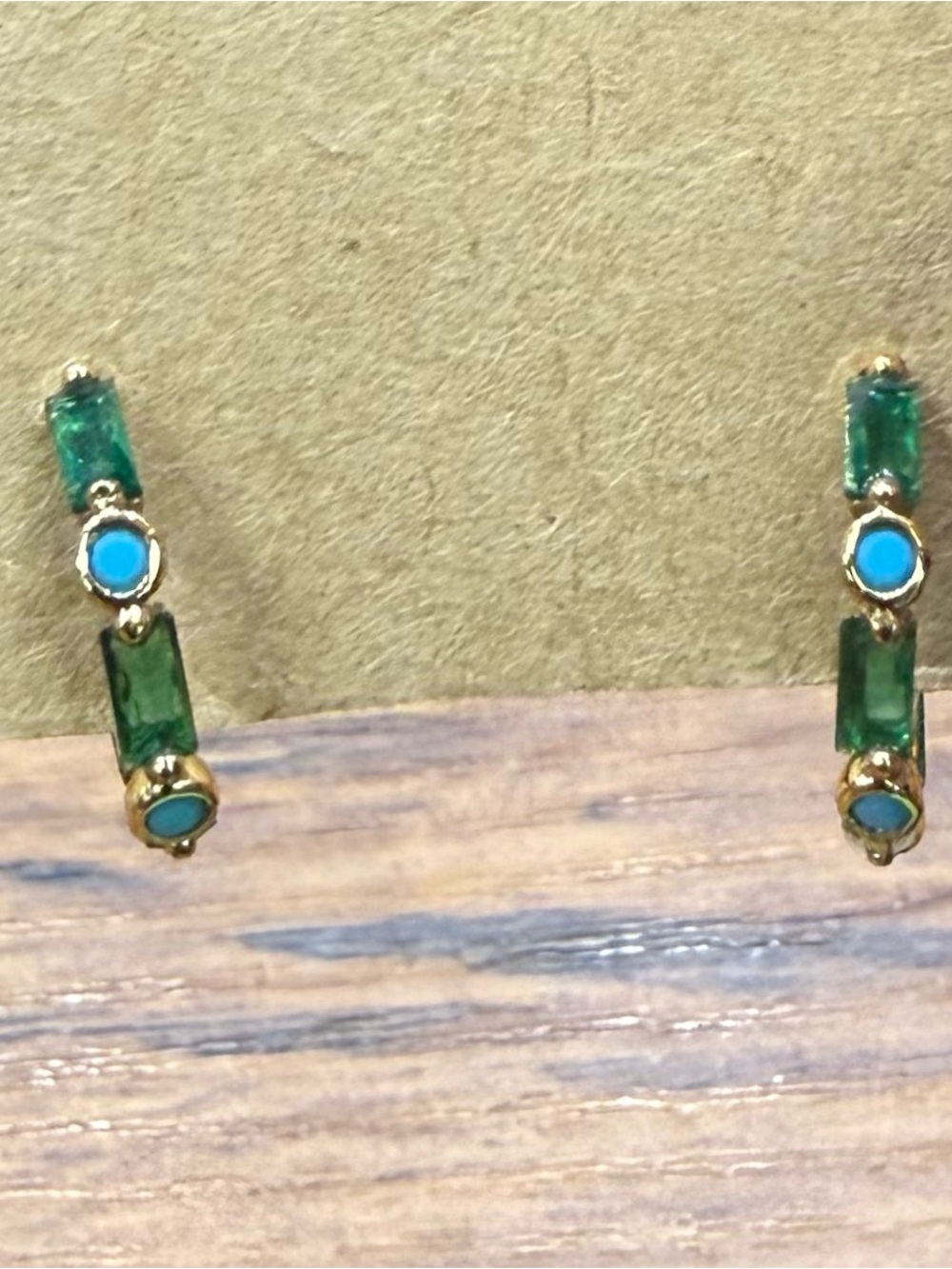 Gold-tone Hoop Earrings with Emerald and Turquoise Gemstones